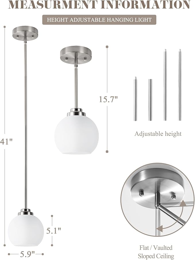 2 Pack Globe Pendant Light Fixtures, Brushed Nickel Hanging Ceiling Lights with White Frosted Glass Shades, Adjustable House Indoor Light for Kitchen Island