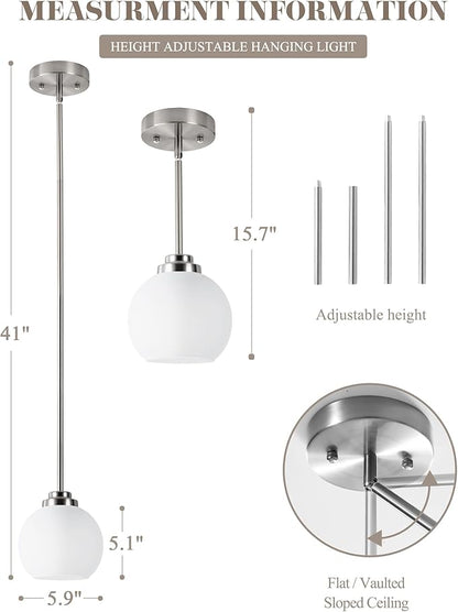 2 Pack Globe Pendant Light Fixtures, Brushed Nickel Hanging Ceiling Lights with White Frosted Glass Shades, Adjustable House Indoor Light for Kitchen Island