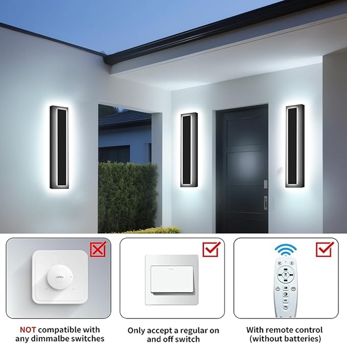 Picico 2pcs 24in Modern LED Outdoor Wall Lights, Dimmable Black Exterior Wall Sconce Lighting Fixtures, Rectangular Mini Outdoor Garage Lights, 360° Beam Angle,Vertical Outdoor Lights for House Porch