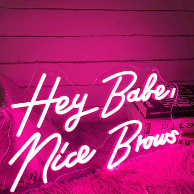 Hey Babe Nice Brows Neon Sign Handmade Neon Lights Sign for Hair Beauty Salon Neon Business Sign Size:19.6X9.7inch