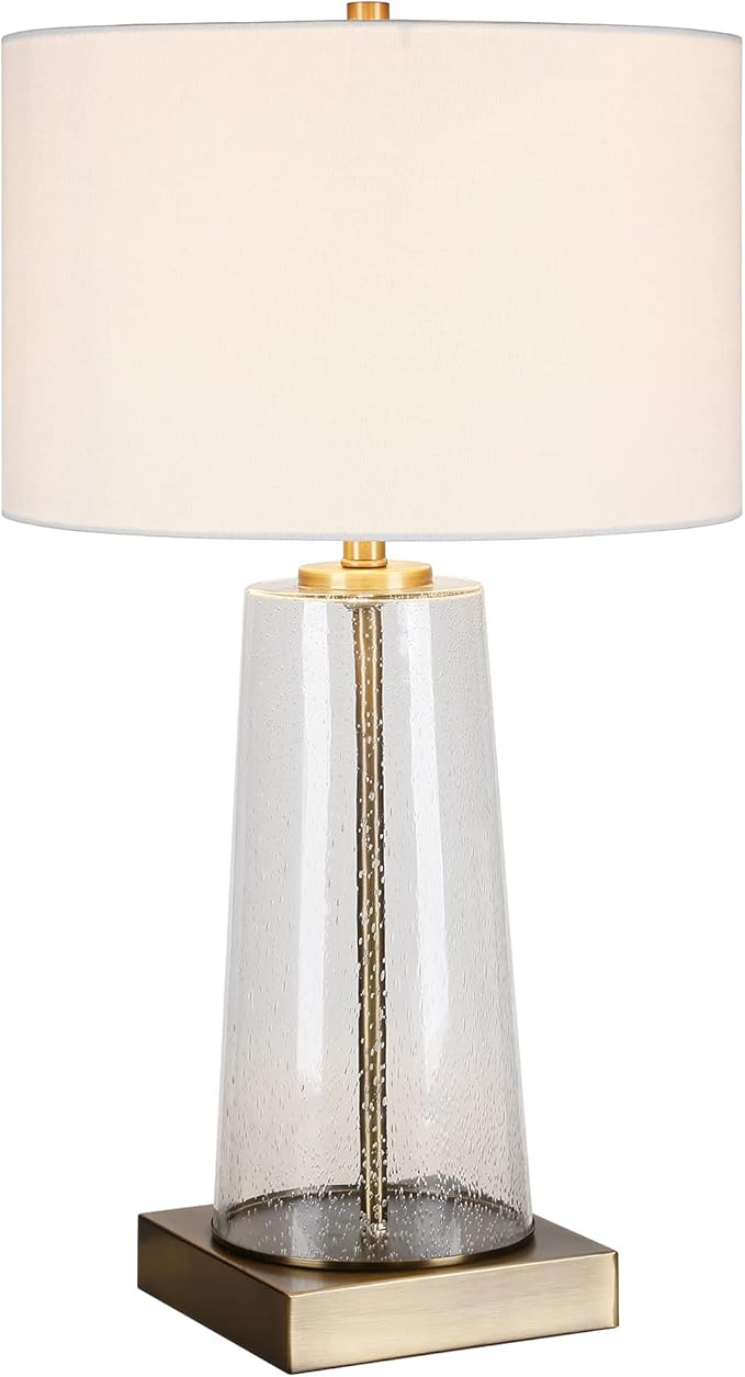 Dax 27.5" Tall Table Lamp with Fabric Shade in Seeded Glass/Brass/White