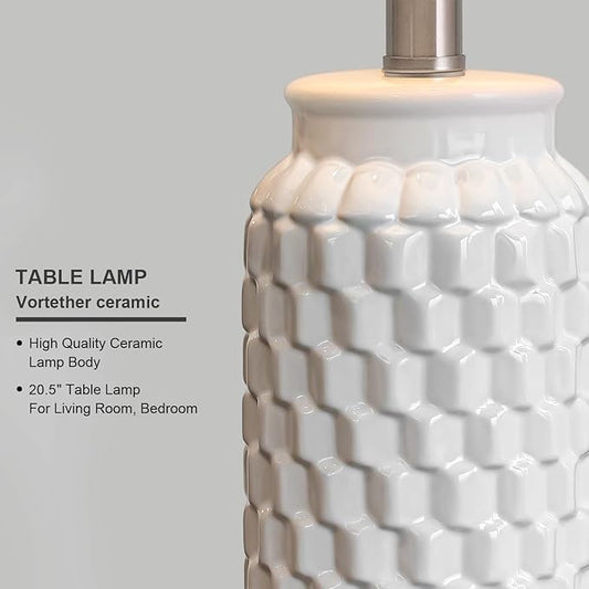 20.5" Set of 2 Bedside Table Lamps Modern White Honeycomb Ceramic - Linen Shade, E26 Knob Switch for Living Room, Bedroom & Nightstand