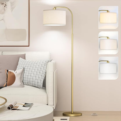 Arc Floor Lamps for Living Room with 3 Color Temperatures, Modern Floor Lamp Reading Light with 9W Bulb Included, Standing Lamp with Adjustable White Hanging ‎Lampshade for Bedroom Office(Gold)