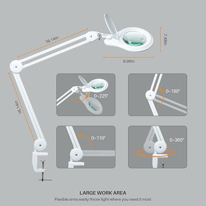 Bifocals LED Magnifying Lamp with Clamp, 5 Diopter with 20 Diopter, 5 Inch Magnifier Glass Lens, 1200 Lumens Dimmable Magnifier Lamp for Desk Craft Hobby with 60PCS Bright LEDs (White)