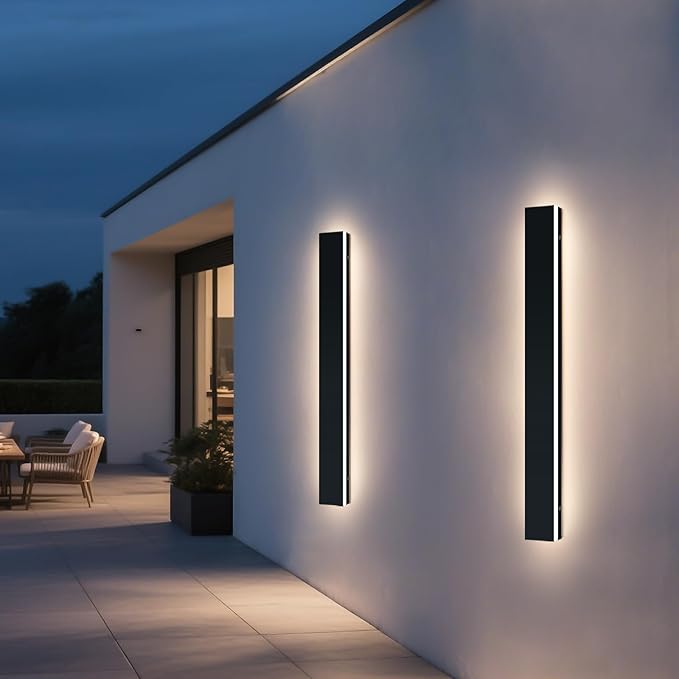 Upgrade Widened 2 Pack 47.2inch Modern Exterior Lighting Fixture, IP65 Waterproof Outdoor Wall Light, 3000K Warm White, 42W, Black Long Strip LED Wall Sconce for Balcony, Yard, Garage
