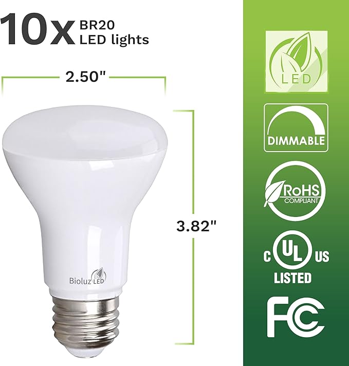 Bioluz LED Light Bulb BR20 Light Bulbs 2700K Bright Warm White LED Bulbs 6W=50W Replacement 90 CRI 540 Lumen Indoor/Outdoor UL Listed CEC Title 20 Compliant Home Decor LED Lights for Bedroom - 10 Pack
