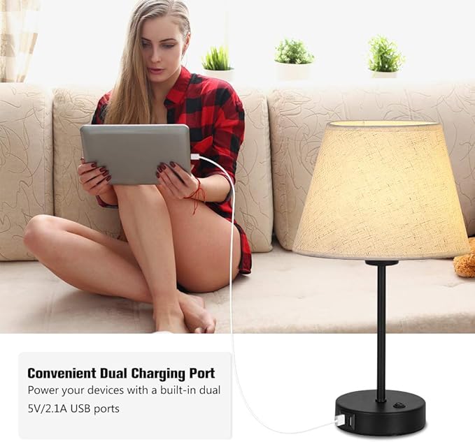 Table Lamp, Bedside Lamp Set of 2 with Dual USB Charging Ports, Modern Nightstand Light Perfect for Bedroom, Living Room, Study Room