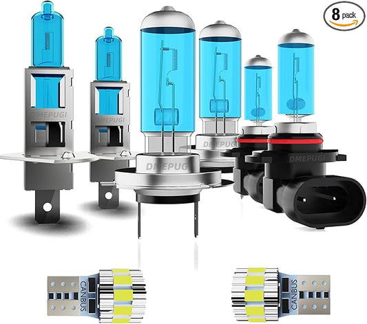 Compatible With Elantra 2004-2006 Halogen Headlight Bulbs,h1 High Beam+ h7/H8/H9 Low Beam+ 9006 Fog Lights Kits+ License Plate Lights,Plug N Play,Super Bright 6000K White,Pack of 8