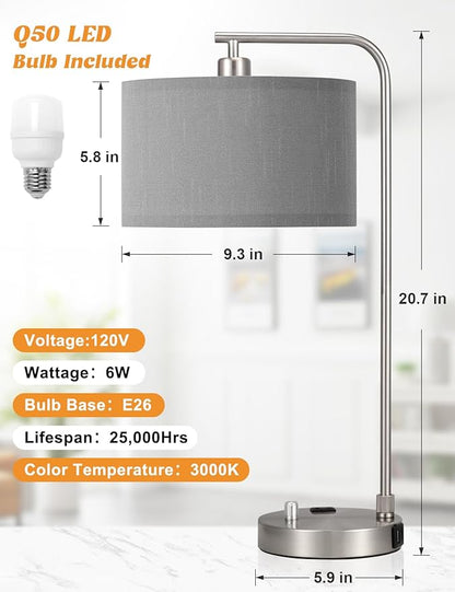 Innqoo Gray Side Table Lamp with USB Port and Outlet, Dimmable Nightstand Bedside Lamps with Linen Lampshade, Desk Lamp for Bedroom, Living Room, Guest Room, Home Office, LED Bulb Included