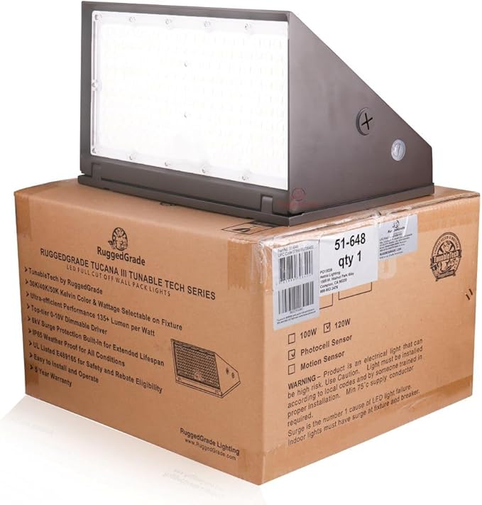 RuggedGrade 120W - Tucana III TunableTech Series - LED Wall Pack Light with Photocell - 17,200 Lumens - Color Selectable 3000K/4000K/5000K - Outdoor LED Light - DLC 5.1 Premium