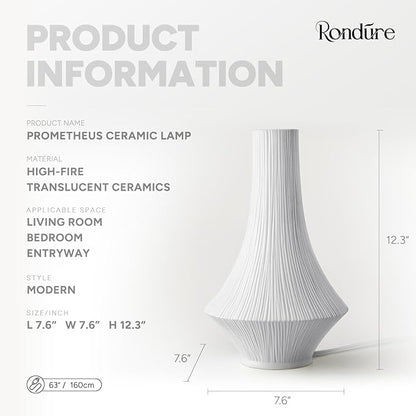 RONDURE 12.3" Modern Ceramic Table Lamp, Modern Bedside Lamps for Bedroom, Living Room and Nightstand, White Translucent Ceramic Shade, Warm Ambient Lighting, Corded, Bulb Included