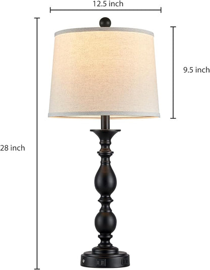 28" Black Modern Table Lamps Set of 2 with USB C+A Ports and AC Outlet, 3 Way Touch Control Tall Bedside Lamps for Bedroom, Metal Farmhouse Nightstand Lamps for Living Room