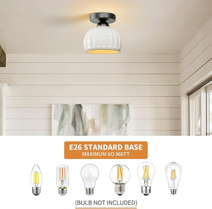 Black Semi Flush Mount Ceiling Light - 2 Pack, Glaze Ceramic Vintage Hallway Light Fixtures, Milk White Globe Ceiling Lights, Mid Century Small Light Fixture for Cottage Entryway Laundry Room Foyer