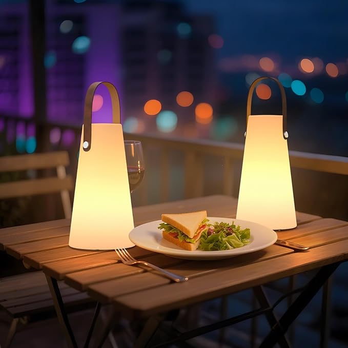 2 Pack Outdoor Lanterns, GGII Rechargeable Camping Lantern with IP44 Waterproof, Battery Operated Outdoor Portable Cordless Table Lamp with RGB Lights for Patio Balcony Garden (Leather Handle)