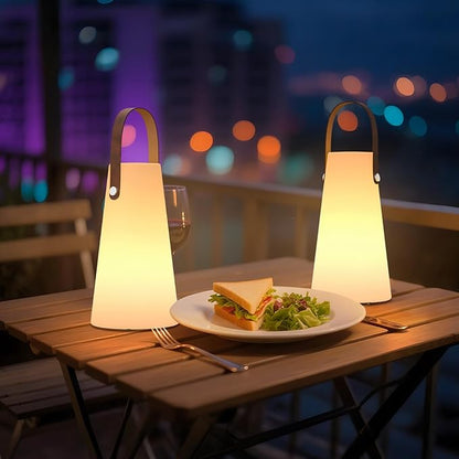 2 Pack Outdoor Lanterns, GGII Rechargeable Camping Lantern with IP44 Waterproof, Battery Operated Outdoor Portable Cordless Table Lamp with RGB Lights for Patio Balcony Garden (Leather Handle)