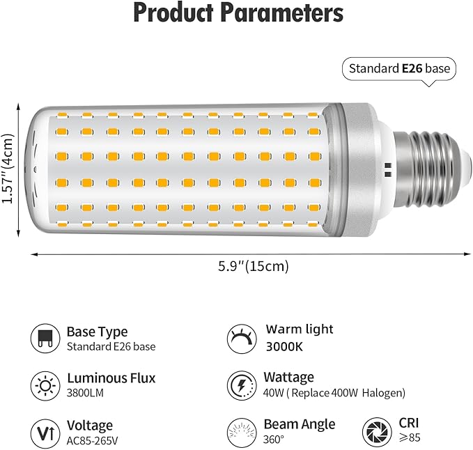 E26 LED Bulbs, 40W LED Light Bulbs Equivalent 400W, 3000K Sunset Color Warm Light, Not Dimmable, AC 85-265V, E26 Light Bulbs (4 Pack)