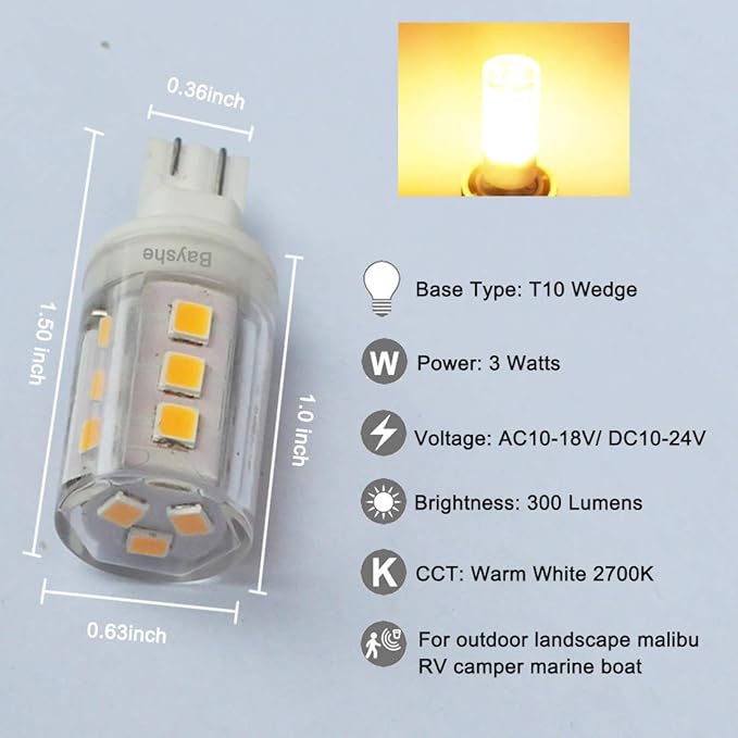 Bayshe T10 Wedge Base LED Light Bulb 3watt Equivalent to 30W Halogen 12VAC/DC for Camper RV Tailer Outdoor Landscape Patio Path Driveway Malibu Paradise Lighting(2700K Warm White)-8 Pack