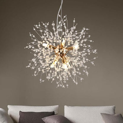 Small Modern Chandelier, 8 Lights Gold Dandelion Chandelier, Firework Crystal Chandeliers for Dining Room, Sputnik Pendant Light Fixture for Kitchen Island, Bedroom