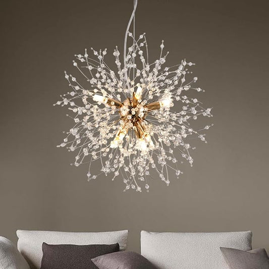 Small Modern Chandelier, 8 Lights Gold Dandelion Chandelier, Firework Crystal Chandeliers for Dining Room, Sputnik Pendant Light Fixture for Kitchen Island, Bedroom