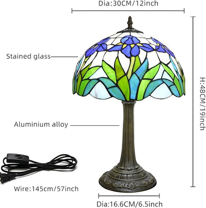 Tiffany Lamp Rural Style Green Blue Iris Flower Stained Glass Lamps Reading Bedside Bedroom Table Lamp Living Room end Kitchen Hotel Bar Home Small Space Decor Metal Base 12X19 Inche LED Vintage Lamp