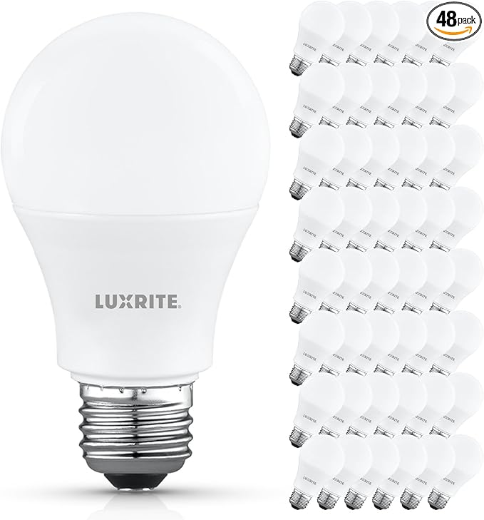 LUXRITE A19 LED Light Bulb 60 Watt Equivalent, Non-Dimmable, 2700K Warm White, 800LM, Standard LED Light Bulbs 8W, E26 Base, Enclosed Fixture Rated, Damp Rated, ETL Listed (48 Pack)