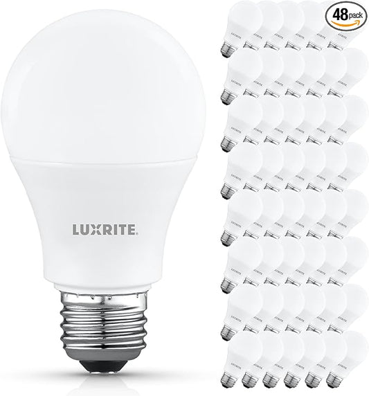 LUXRITE A19 LED Light Bulb 60 Watt Equivalent, Non-Dimmable, 5000K Bright White, 800LM, Standard LED Light Bulbs 8W, E26 Base, Enclosed Fixture Rated, Damp Rated, ETL Listed (48 Pack)
