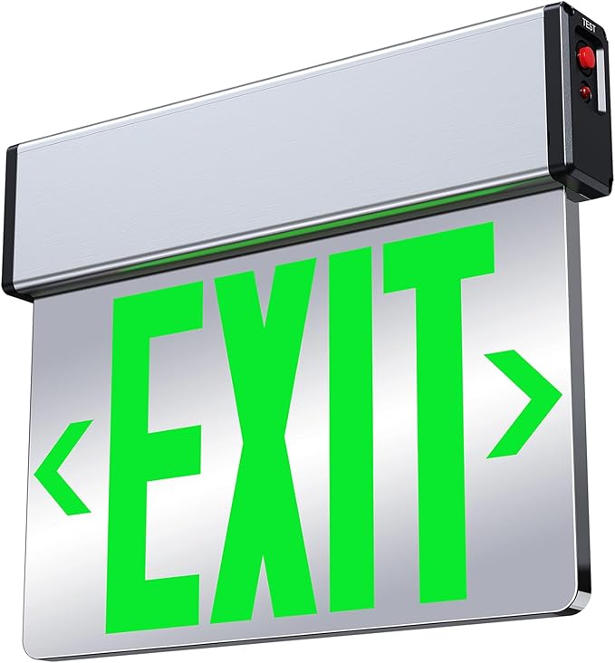 Green Led Edge Lit Exit Sign UL Listed, Brushed Aluminum Housing Double-Sides Mirrored Acrylic Emergency Exit Signs with Battery Backup, AC 120-347V Hardwired Exit Lights, Top/Side/Wall Mount (1 Pack)