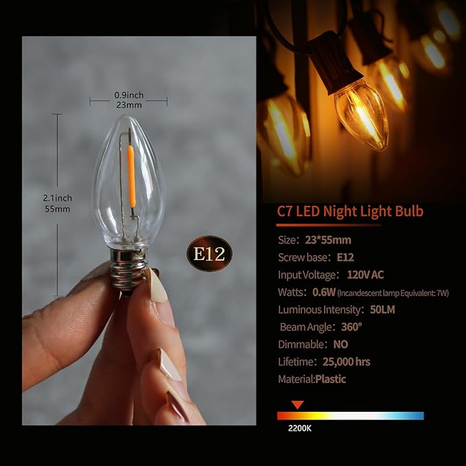 LED Night Light Bulb, Led Replacement Bulbs for Christmas String Lights, Shatterproof & Waterproof Led Bulbs, E12 Candelabra Base, 0.6W Equivalent to 7W, 2200K Warm White, ‎Plastic 25 Pack
