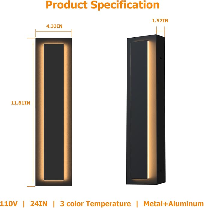 Picico 12in Modern LED Outdoor Wall Lights, Dimmable Black Exterior Wall Sconce Lighting Fixtures, Rectangular Mini Outdoor Garage Lights, 360° Beam Angle,Vertical Outdoor Lights for House Porch