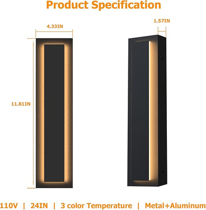Picico 2pc 12in Modern LED Outdoor Wall Lights, Dimmable Black Exterior Wall Sconce Lighting Fixtures, Rectangular Mini Outdoor Garage Lights, 360° Beam Angle,Vertical Outdoor Lights for House Porch