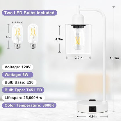 Innqoo Industrial White Table Lamps for Bedrooms Set of 2-3-Way Dimmable Desk Lamp with USB C+A Ports and Outlet, White Lamps with Clear Glass Shade for Living Room