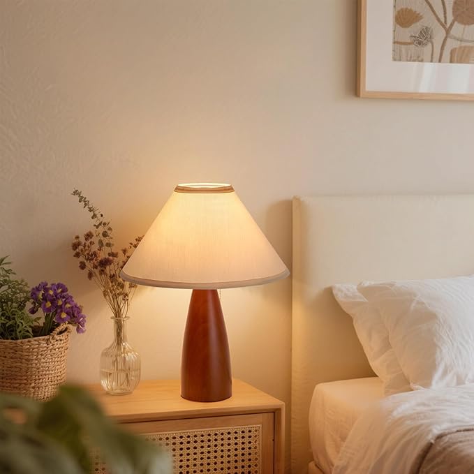 Bedside Table Lamp for Bedroom, Mid-Century Modern Plug in Fabric Shade & Solid Wood Base Desk Lamp, Plug & Play Red Wood Nightstand Lamp for Living Room, Office 【Bulb Included】