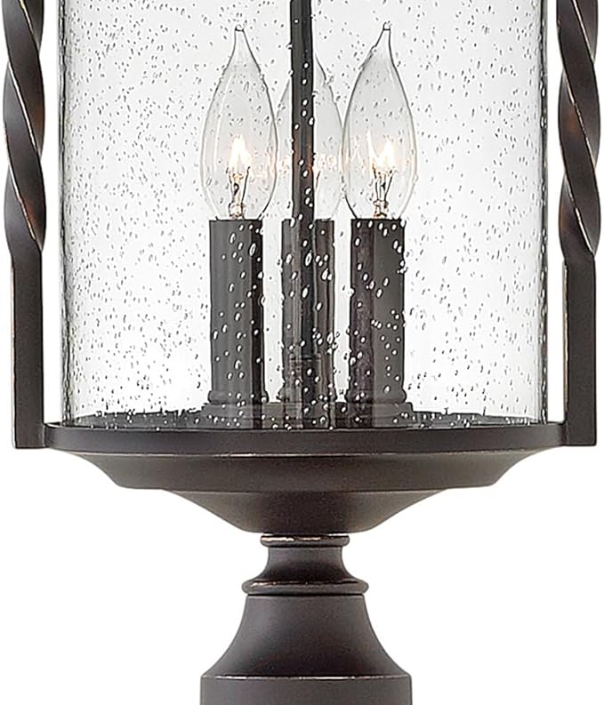 Hinkley Casa Large Post Top or Pier Mount Outdoor Lantern - Aluminum, Clear Seedy Glass, Wrought Iron Details, Hand Forged Scrolling - Olde Black Finish
