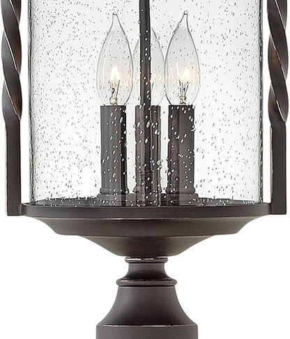 Hinkley Casa Large Post Top or Pier Mount Outdoor Lantern - Aluminum, Clear Seedy Glass, Wrought Iron Details, Hand Forged Scrolling - Olde Black Finish