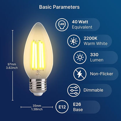 FLSNT 40W Equivalent LED Chandelier Light Bulbs, Dimmable Amber LED B11 E26 Candelabra Base Bulbs, 2200K Warm White, 330LM, 6 Pack UL,CA65 Listed.