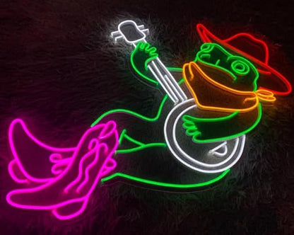 Cowboy Frog Playing Guitar Neon Sign, Frog Led Sign, Cowboy Frog Led Light, Frog Playing Guitar Neon Light, Bar Club Room Wall Art Decor Size:23inches