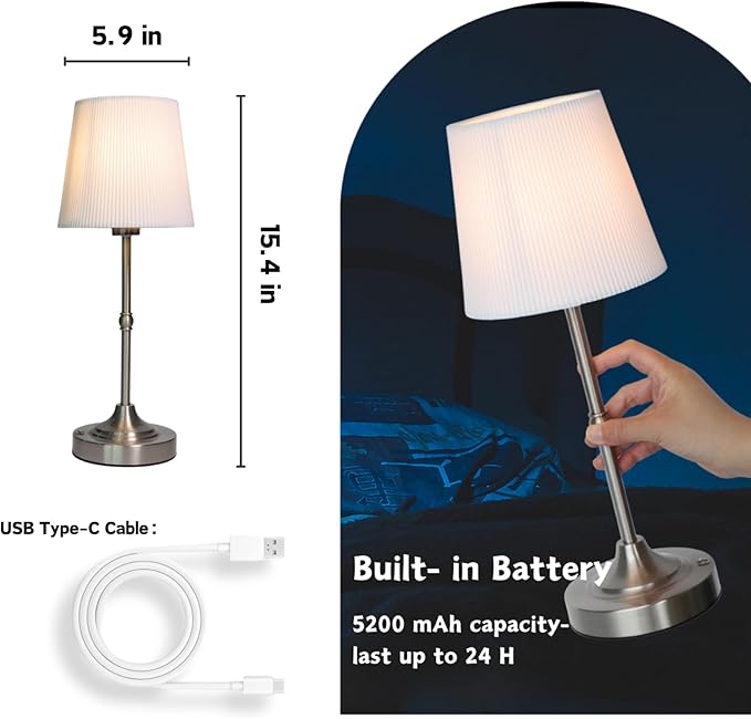 Rechargeable Table Lamp, Cordless Touch Lamps, Portable Desk Light with Stepless Dimmable Brightness & Fabric Shade for Nightstand Bedside Living Room (Silver, Twill)