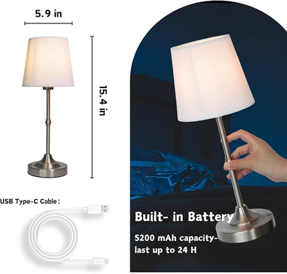 Rechargeable Table Lamp, Cordless Touch Lamps, Portable Desk Light with Stepless Dimmable Brightness & Fabric Shade for Nightstand Bedside Living Room (Silver, Twill)