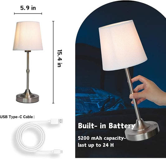 Rechargeable Table Lamp, Cordless Touch Lamps, Portable Desk Light with Stepless Dimmable Brightness & Fabric Shade for Nightstand Bedside Living Room (Silver, Twill)