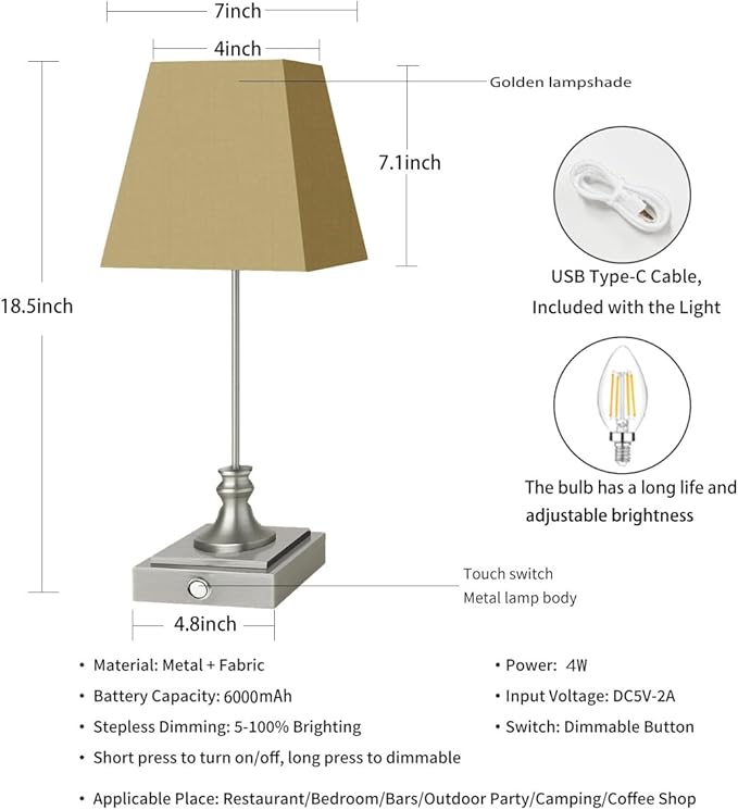 Rechargeable LED Table Lamps with Stepless Touch Control,Sliver Cordless Lamp for Living Room&Bedside&Patio&Shower,Small Desk Lamp(6000mAH Battery),1 Pack for Home Decor,Best Gifts for Family