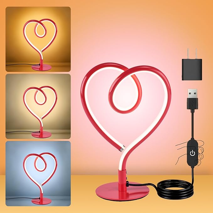 Red Table Lamp – 3CCT 2700K 4000K 6500K Stepless Dimmable Heart Lamp, Touch Control Aluminum Bedside Lamps with USB Adapter, for Bedroom,Girls Room,Nightstand,Desk