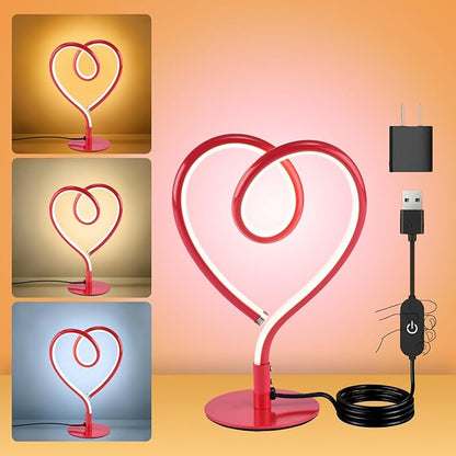 Red Table Lamp – 3CCT 2700K 4000K 6500K Stepless Dimmable Heart Lamp, Touch Control Aluminum Bedside Lamps with USB Adapter, for Bedroom,Girls Room,Nightstand,Desk