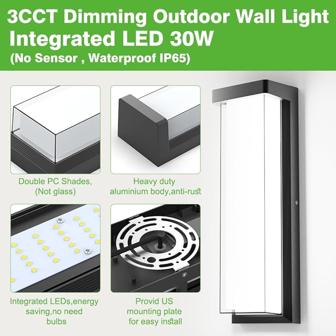 2Pack LED Outdoor Wall Lights Dimmable,3000K/4500K/6000K,16" IP65 Waterproof Black Exterior Wall Sconce Light Fixture for Porch,Garage,Entrance,Patio,Garden (2Pack)