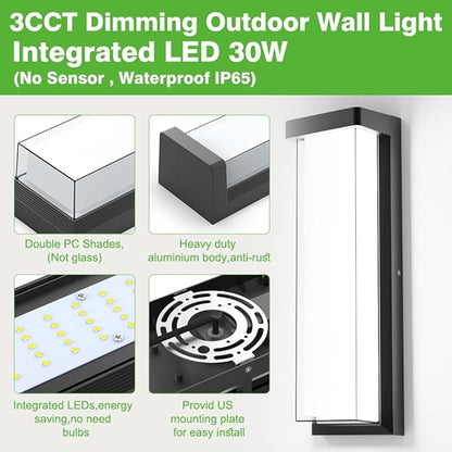 2Pack LED Outdoor Wall Lights Dimmable,3000K/4500K/6000K,16" IP65 Waterproof Black Exterior Wall Sconce Light Fixture for Porch,Garage,Entrance,Patio,Garden (2Pack)