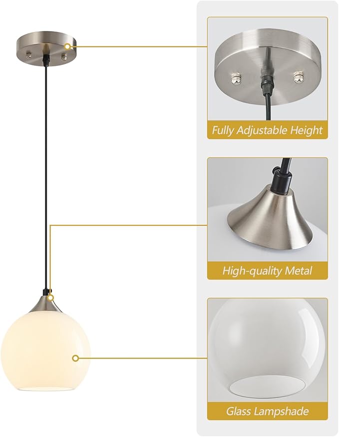 Milky Luster Glass Pendant Lights Kitchen Island Globe Pendant Light Fixtures Modern Pendant Lighting for Bedroom Living Dining Room Light Fixture (5.9 in, 3 Pack)