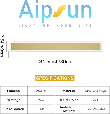 Aipsun Outdoor Wall Sconce 30W LED Modern Porch Patio Wall Light Fixture Gold Exterior Wall Lights Long Strip Frosted White Acrylic 3000K for House Living Room Corridor(2 Packs)