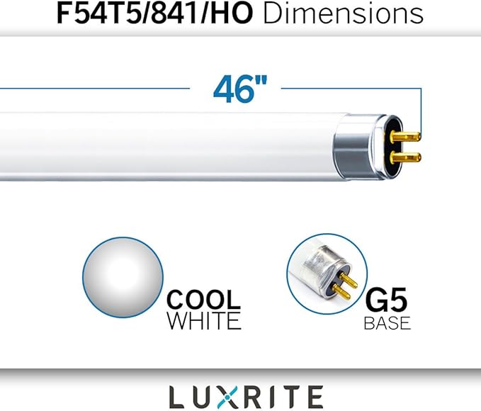LUXRITE F54T5/841/HO 54W 46 Inch T5 Fluorescent Tube Light Bulb, 4100K Cool White, 4200 Lumens, G5 Mini Bi-Pin Base, LR20770, 12-Pack