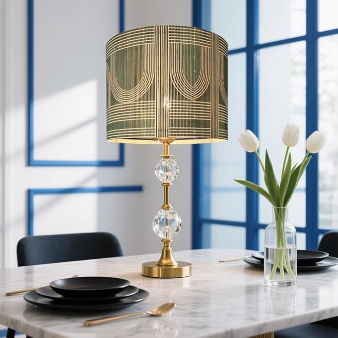 Rustic Bamboo Drum lamp Shade with Decorative Geometric Green Figure,Groovy Unique ideal for living room bedroom, easy assemble, size 11.8x9Inch