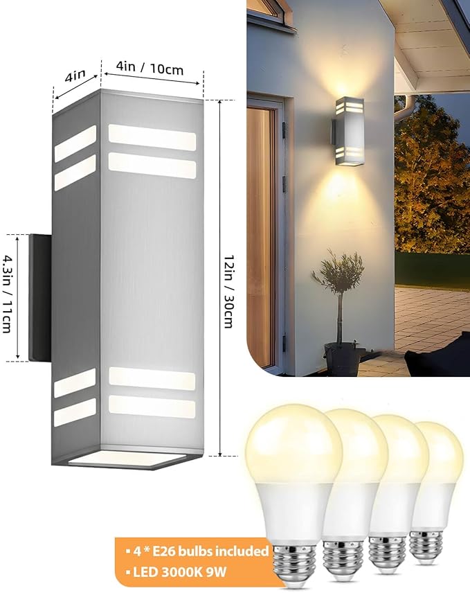 Dusk to Dawn Outdoor Lighting 2 Pack, Up and Down Lights Stainless Steel Exterior Light Fixture with Photocell Sensor, Waterproof Modern Outside Lights for House Garage Porch, LED Bulbs Included