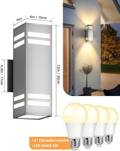 Dusk to Dawn Outdoor Lighting 2 Pack, Up and Down Lights Stainless Steel Exterior Light Fixture with Photocell Sensor, Waterproof Modern Outside Lights for House Garage Porch, LED Bulbs Included